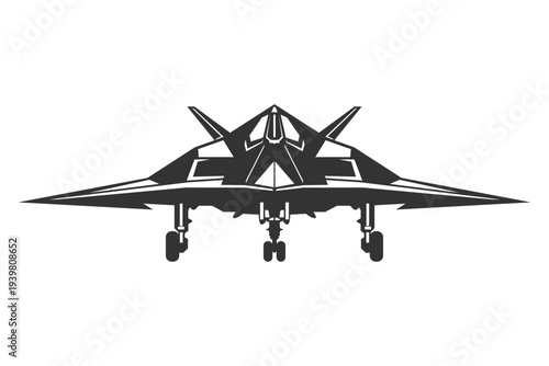 Front view silhouette of F117 nighthawk stealth aircraft. Clean united states aircraft in monochrome vector style. Modern combat plane on black and white colour.
