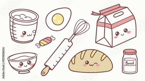Cute Kawaii Baking Ingredients and Tools for Bakery Website Design or Children's Cooking Blog Graphics