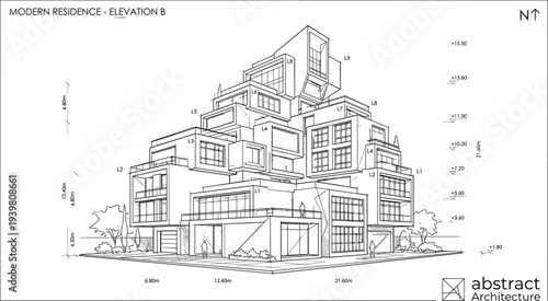 Technical architectural elevation of a modern deconstructivist residential complex featuring stacked modular volumes, cantilevered terraces, and professional BIM annotations.