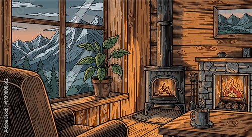 Cabin room with wood stove fireplace potted plant and mountain window