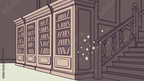 Elegant Library Interior with Built-in Bookshelves and Grand Staircase for Academic Design Projects