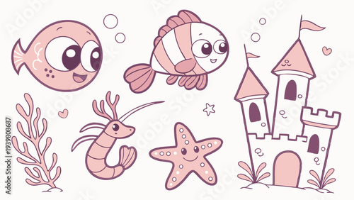 Cute Pink Sea Life and Castle Sticker Set for Childrens Party Invitations Baby Shower Nursery Decor Ocean Theme
