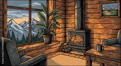 Wood cabin room with stove potted plant mountain window and mug on table