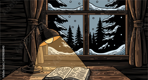 Desk lamp lighting open book on wooden desk by snowy window