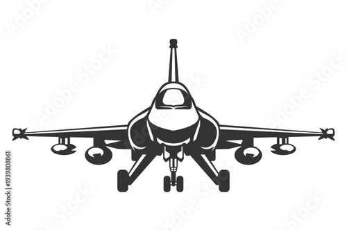 Front angle silhouette JF17 thunder fighter jet. Minimalist black and white vector illustration with crisp monochrome styling. Asia modern combat aircraft.