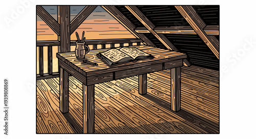 Attic desk with open book and pencil holder under slanted roof