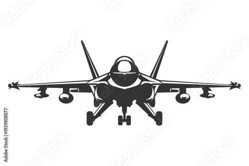 KF 21 military aricraft monochrome front view silhouette. Black and white south korea vector plane illustrations captured from a head-on perspective.