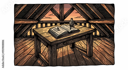 Open book and oil lamp on wooden attic desk under roof beams