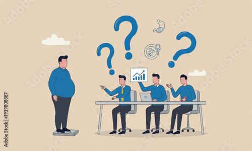 Obesity, overweight together piggy cause gaining weight, belly disease, diabetes or nutrition problem concept, fatty man weighing on weight scale.