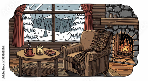 Armchair round table and fireplace in cabin living room with snowy window