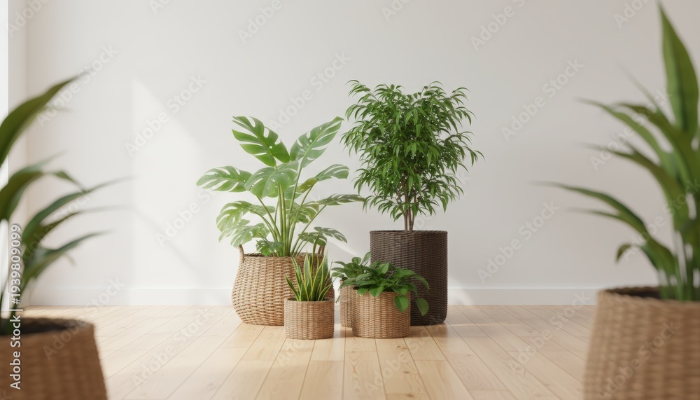 Obraz premium indoor plants in wicker pots on wooden floor.