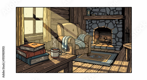 Cabin interior with fireplace armchair books and mug on table illustration