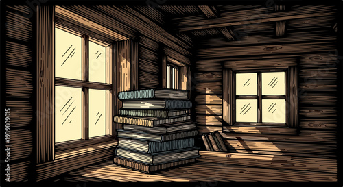 Stack of books beside wooden cabin windows in line art illustration
