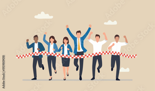 Business winner reaching goal, success celebration, career team together working project concept, joyful smart businessman worker running reaching goal finishing line first winner.
