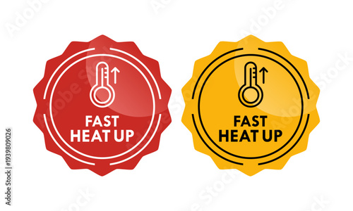 Fast heat up icon with thermometer and rising arrow in red circle frame, industrial heating technology vector design.