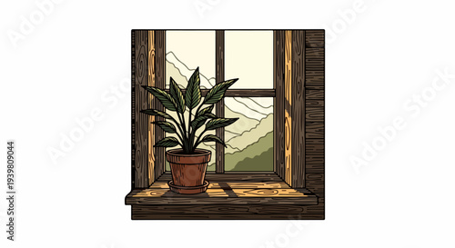 Potted plant on wooden window sill with mountain landscape illustration