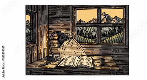 Desk lamp illuminating open book on wooden desk with mountain view window illustration