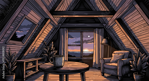 Attic lounge with table mug chair and dusk sky through windows illustration
