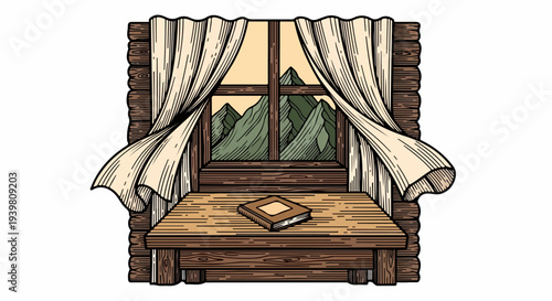 Rustic window with draped curtains mountain view and closed book on wooden bench