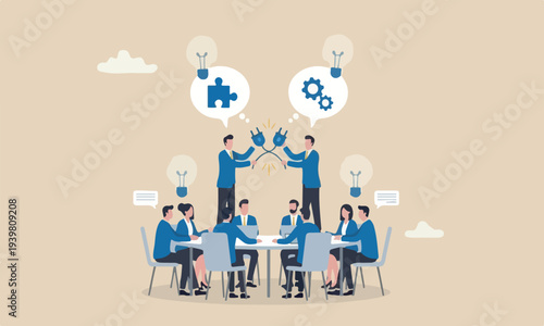 Communicate, get new idea, collaboration or cooperate to success, connect idea for solution concept, businessman connect plug between conversation dialogue
