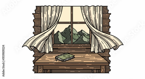 Cabin window with windblown curtains mountain view and green notebook on bench