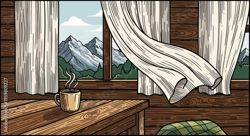 Large cabin window with flowing curtain snowy mountains and steaming mug on table