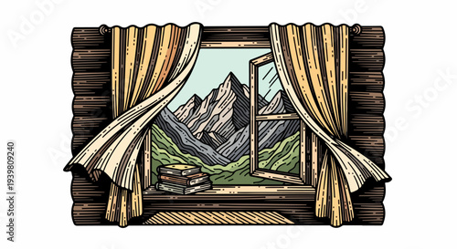 Open window with curtains mountain range and stacked books on windowsill