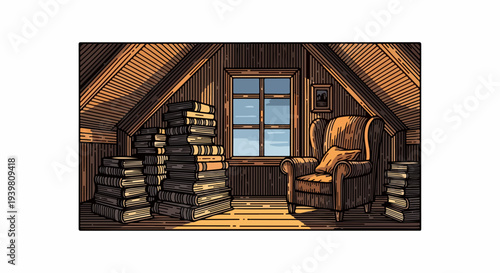 Sunlit attic loft with reading chair and stacked books