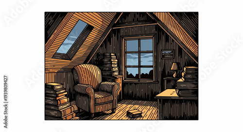 Night attic study with armchair skylight desk lamp and books