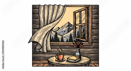 Open window with flowing curtain mountain landscape and round table with coffee flowers and books