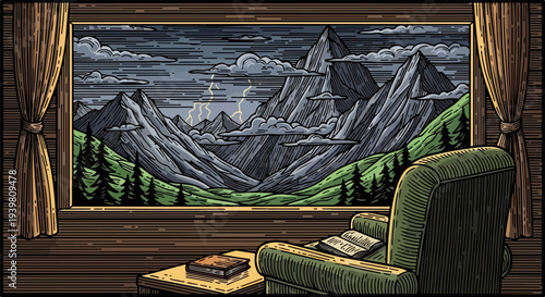 Armchair and books beside panoramic window with storm clouds lightning and mountain landscape