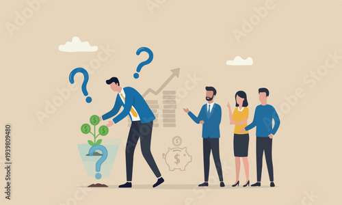 Investing in growth teams retirement fund, growing wealth or investment asset concept, businessman investor planting money seedling for prosperity.