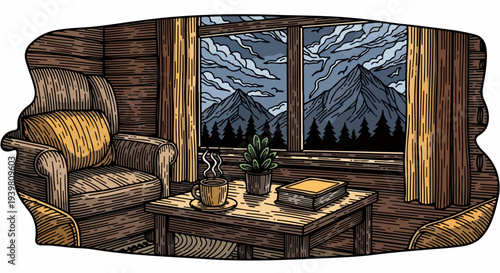 Cabin seating area with armchair coffee table plant books and mountain window view