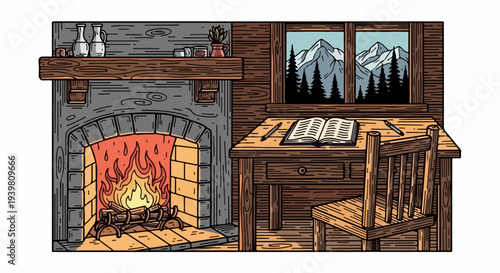 Fireplace and writing desk by mountain window illustration