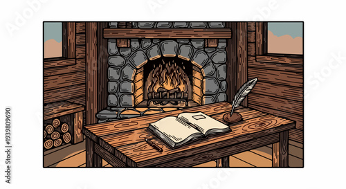 Cabin fireplace with slanted desk open book and quill illustration