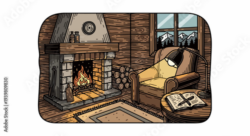 Wood cabin living room with fireplace armchair and mountain window