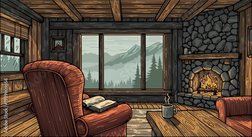 Timber cabin living room with large window stone fireplace and two armchairs