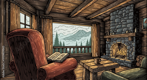 Cabin lounge with stone fireplace red armchair and mountain view window