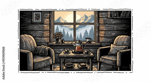 Cabin seating area with two armchairs coffee table and mountain window