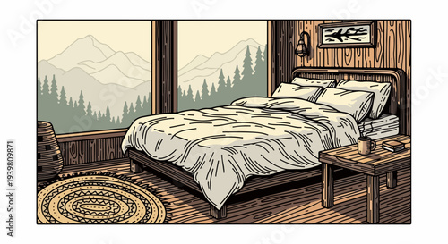 Wood cabin bedroom with bed mountain windows nightstand and rug