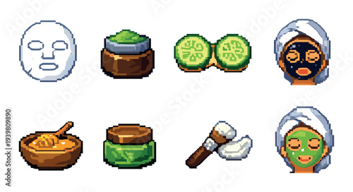 Skincare icons displaying facial masks and spa tools on gray backdrop