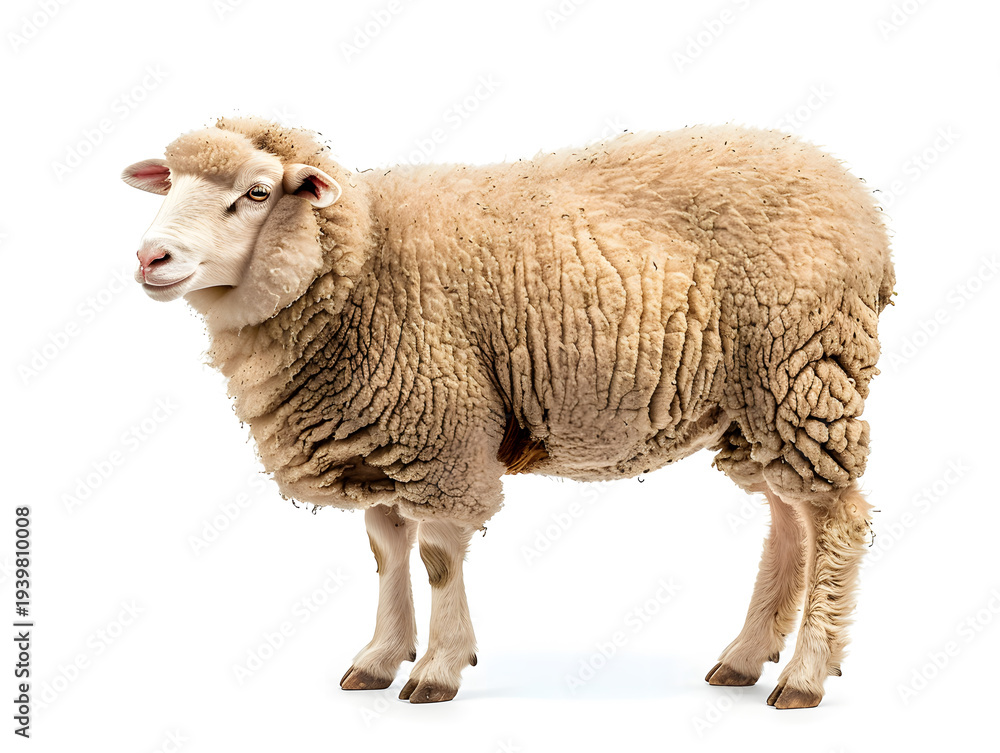 Obraz premium Side view of a fluffy sheep with thick wool isolated on a white background
