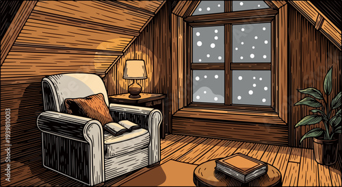Attic chair with open book side table lamp and snowy window