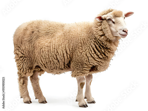 Side view of a fluffy sheep with thick wool isolated on a white background