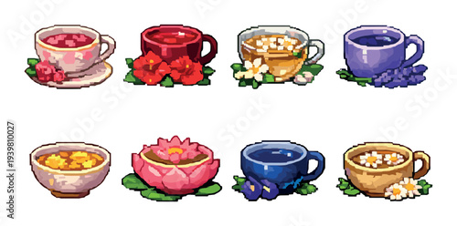 Colorful floral tea cups arranged in rows on neutral background