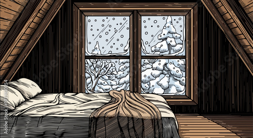 Attic bedroom with bed and snowy window view engraving style illustration