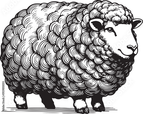  fluffy sheep, showcasing intricate wool patterns and a serene expression in vintage artistic style sketch engraving generative ai raster illustration. Scratch board imitation. Black and white