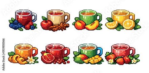 Fruit infused tea cups with berries and citrus on tabletop