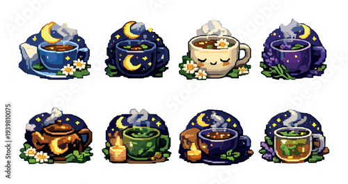 Night themed tea cups and teapots arranged on dark backdrop