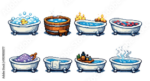Bathtubs with assorted bath accessories on dark background